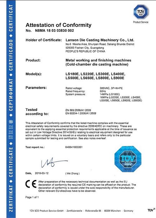 сертификат CE Литье под давлением машины
